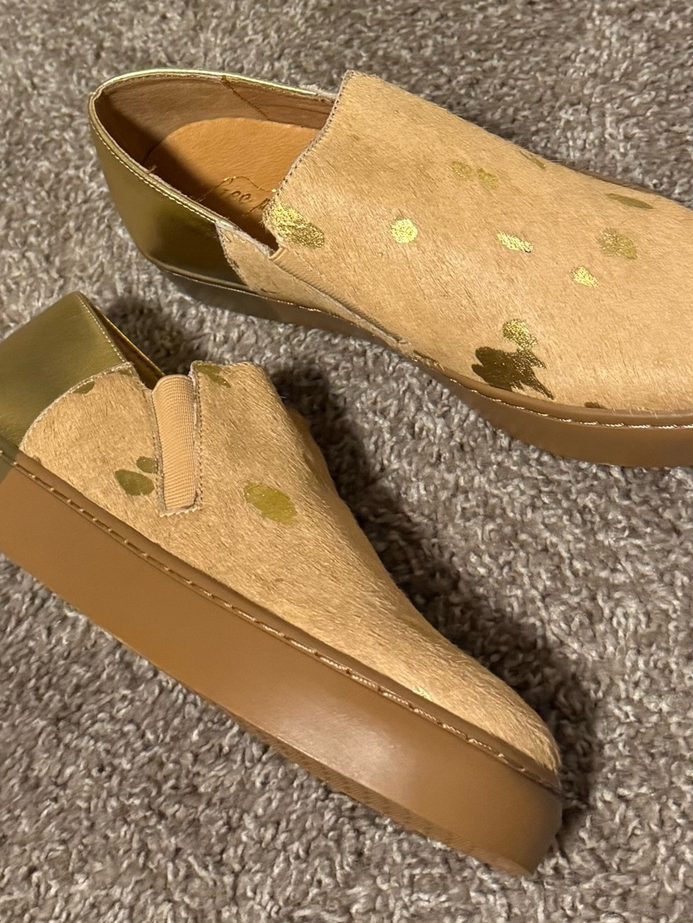 Free People Varsity Slip-On Sneakers Calf Hair Gold Tan Metallic EU 37 US 6.5-7